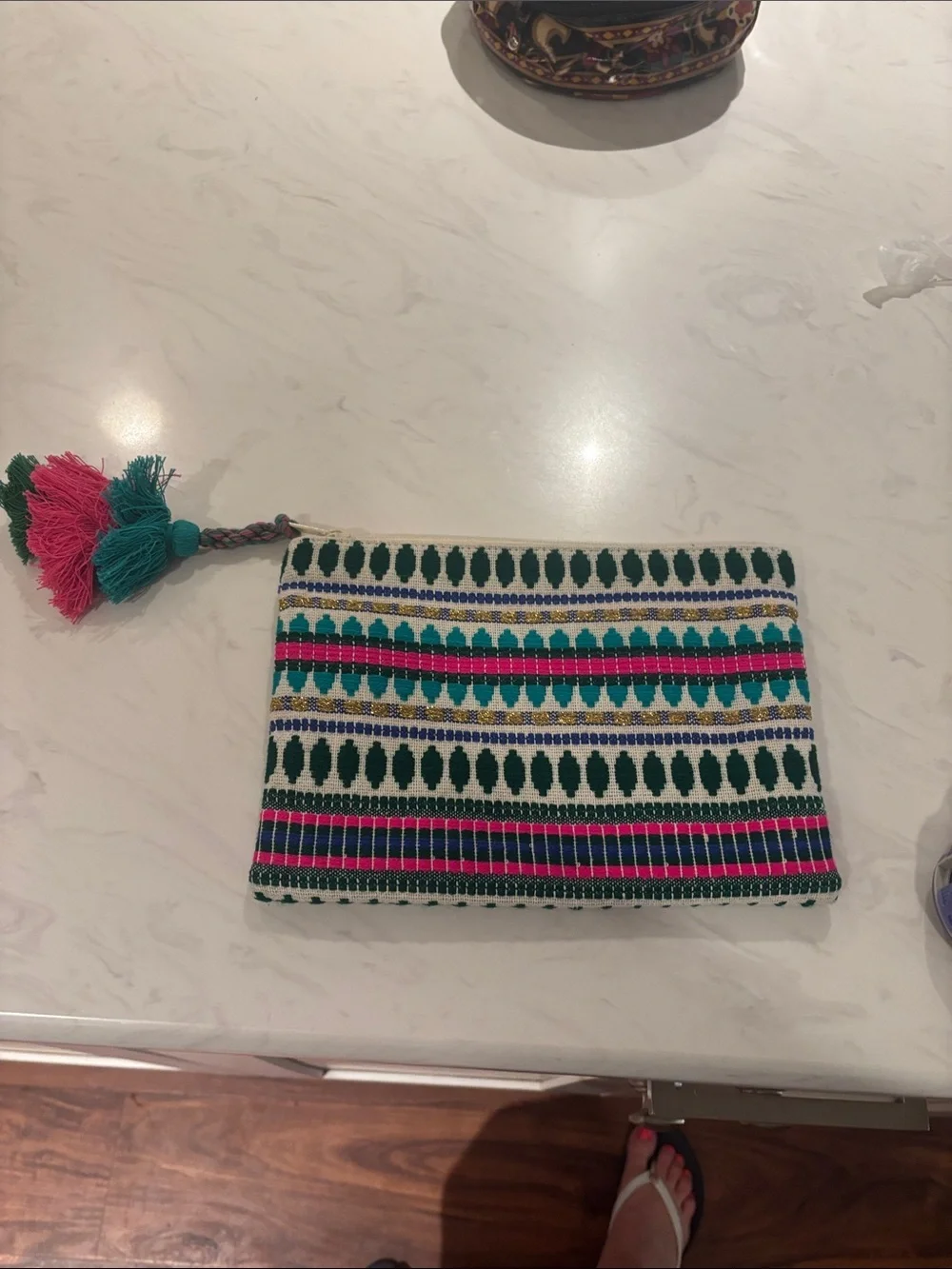 Embroidered Tassel Zip Pouch in Green, Teal & Pink